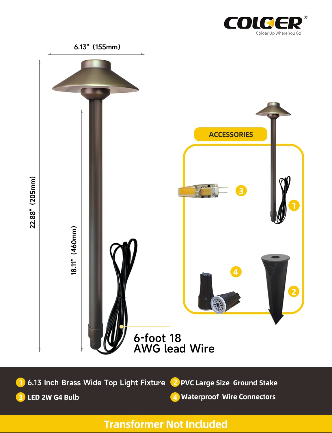 COLOER Brass Low Voltage Pathway Lights Wired 4-Pack with 3W LED G4 Bulb,12V Waterproof China Hat Outdoor Path Lighting for Yard, Patio, Landscape, Planter, Walkway(602B)
