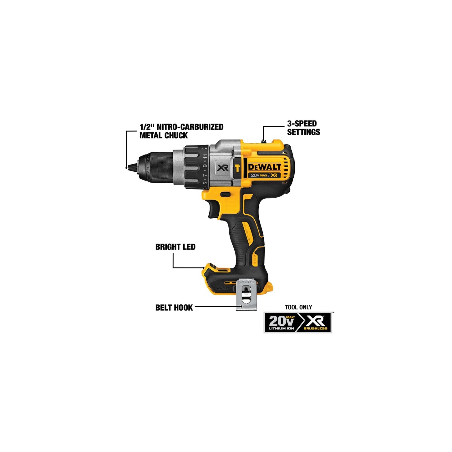 DEWALT 20V MAX XR Cordless Hammer Drill Driver Brushless, Heavy Duty 1/2", 3-Speed, Tool Only (DCD996B)
