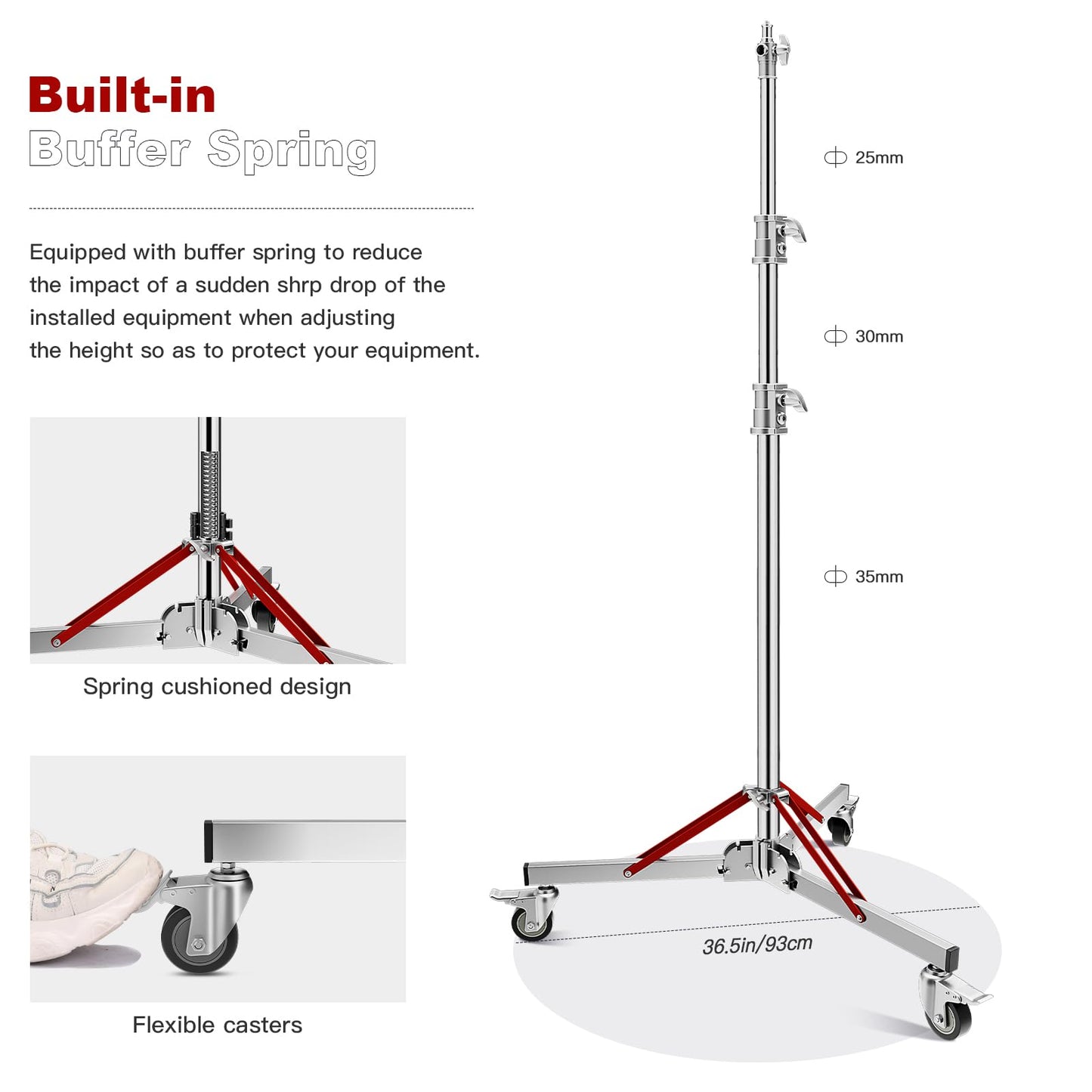 Heavy Duty Light Stand with Casters, 10ft/305CM 100% Stainless Steel 30kg/66lb Load Bearing Adjustable Photography Light Stand with Wheels for Photography Studio Softbox, Monolight