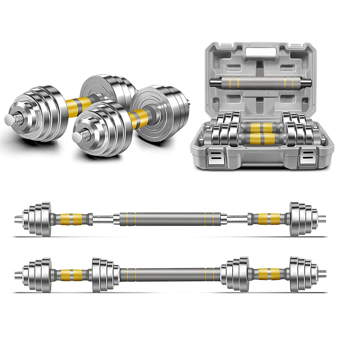 PHOEROS Adjustable Dumbbell Set - 44/66/88 LBS weights set, Dumbbell Barbell 3 in 1, Steel Dumbbells Pair with Connecting Rod for Adults Women Men Fitness Workout, Home Gym Exercise Training Equipment (44lbs)