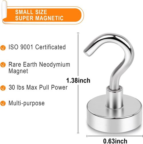 MIKEDE N52 Magnetic Hooks - Heavy Duty 30Lbs Capacity | Strong Magnetic Hangers for Kitchen & Garage, Pack of 6