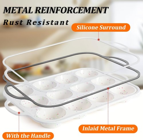 CAKETIME Silicone Muffin Pan - Nonstick 12-Cup Baking Tray with Metal Reinforced Frame | 2.8-Inch Cups
