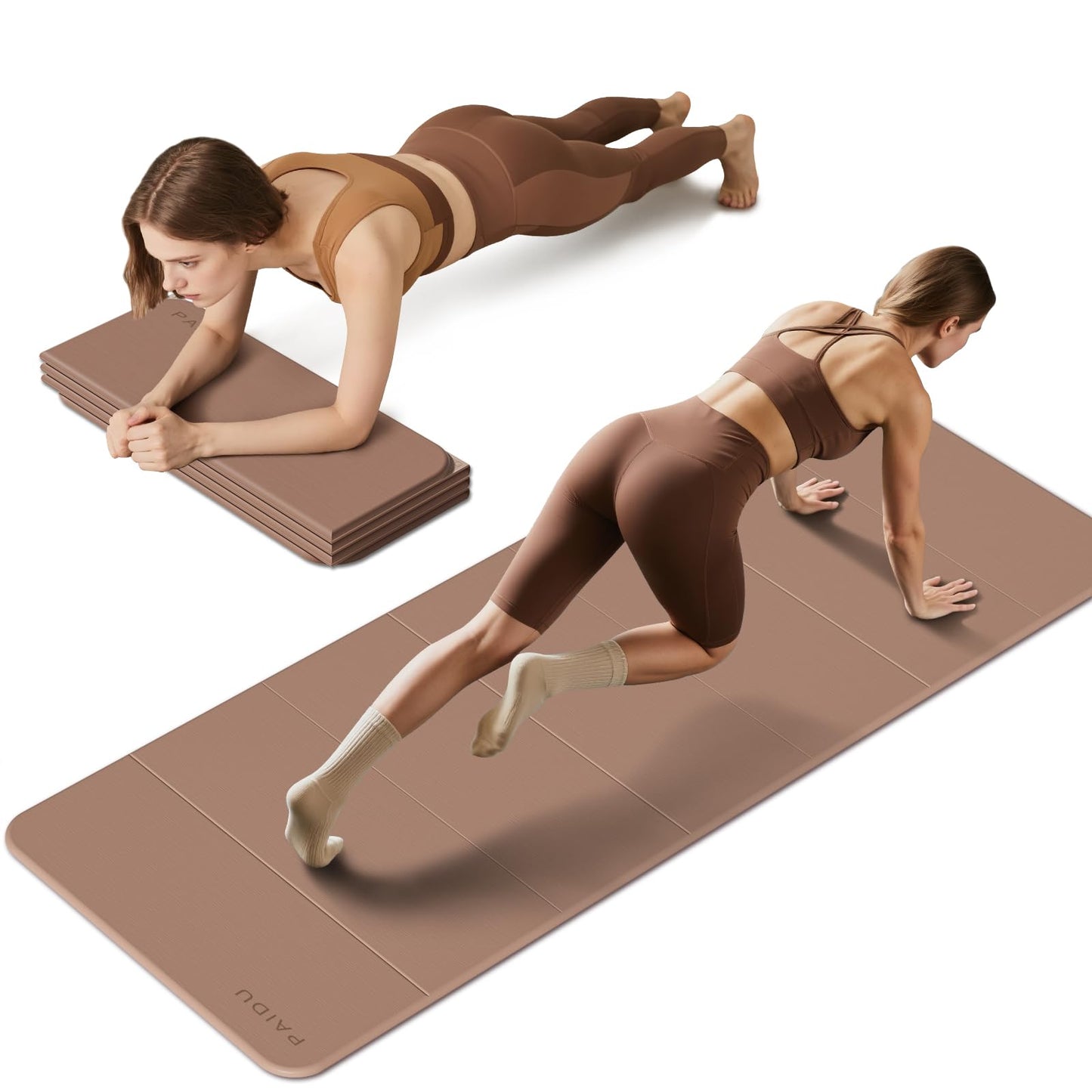 PAIDU Foldable Fitness Yoga Mat | 2/5" (10MM) Extra Thick | SGS Certified Non-Slip TPE | 76x26" Extra Long-Wide | Portable & Easy Store | for Yoga, Pilates, Home Gym & Full-Body Workouts (Brown + apricot)