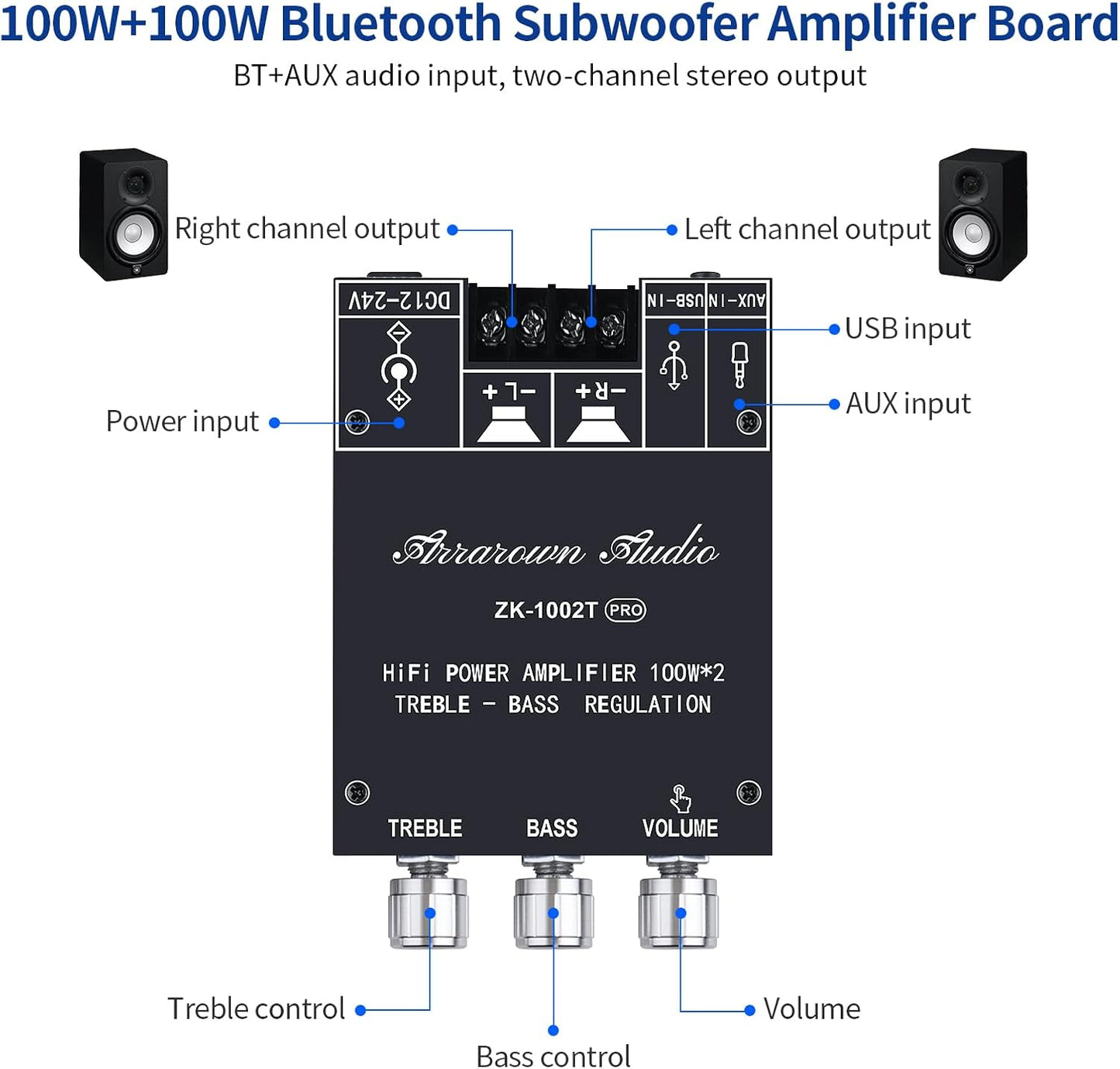 2.0 5.0 200W 12-24V 2.0 Channel Bluetooth Amplifier Board HiFi Subwoofer Audio AMP with Treble and Bass, BT USB and AUX