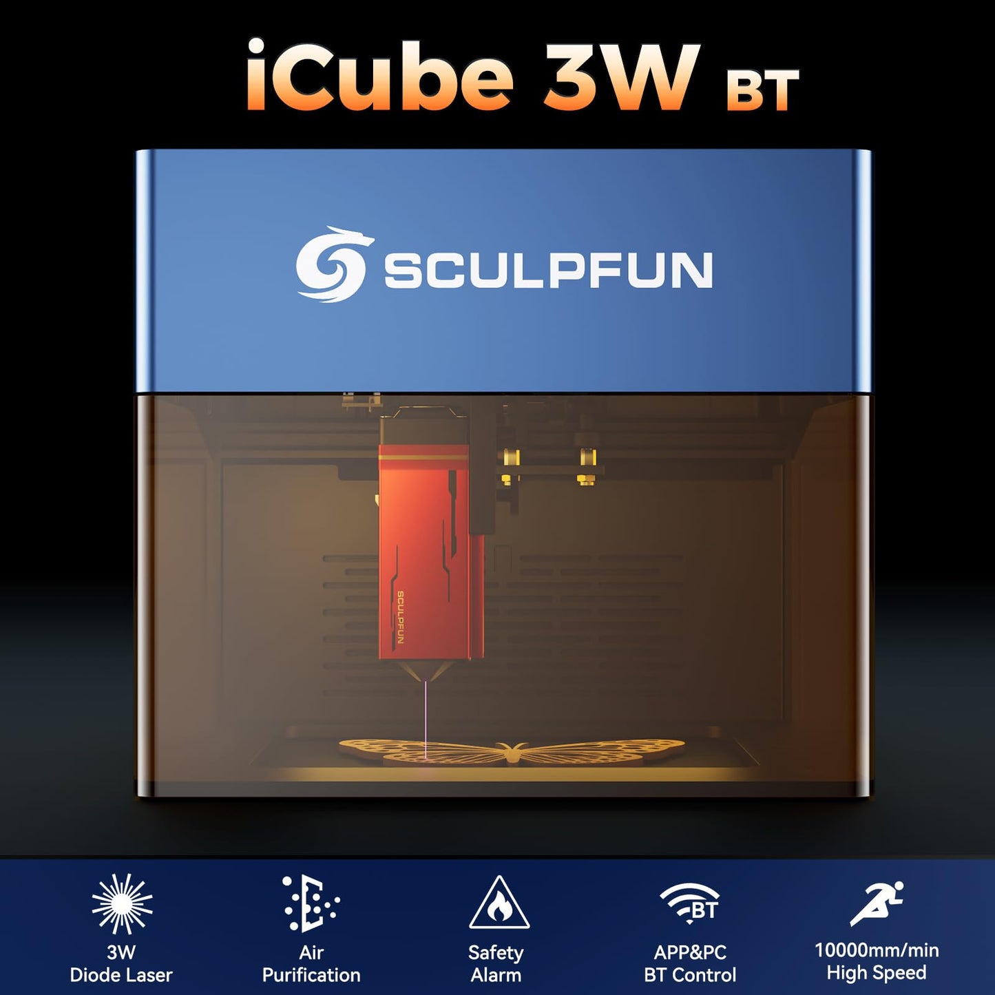 SCULPFUN iCube 3W Mini Laser Engraver, Laser Engraving Machine with 0.02mm Ultra Fine Laser Spot, 10,000mm/min High Speed Engraving, CNC Machine with Smoke Filter and Temperature Alarm, 130 * 130mm