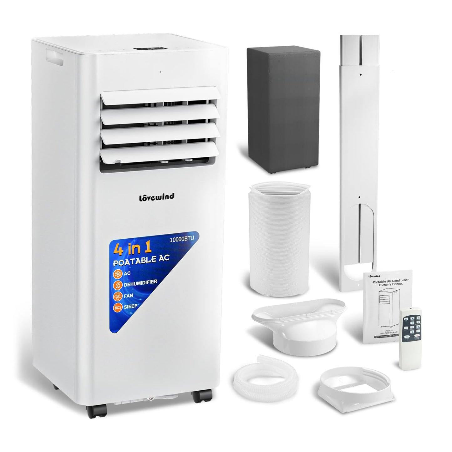 Lovewind 10000 BTU Portable Air Conditioners, Cool Up to 450 Sq.Ft, 4 IN 1 Quiet Portable AC Unit with Remote Control, Dehumidifier & Fan Modes, LED Display, 24H Timer, Installation Kits, White