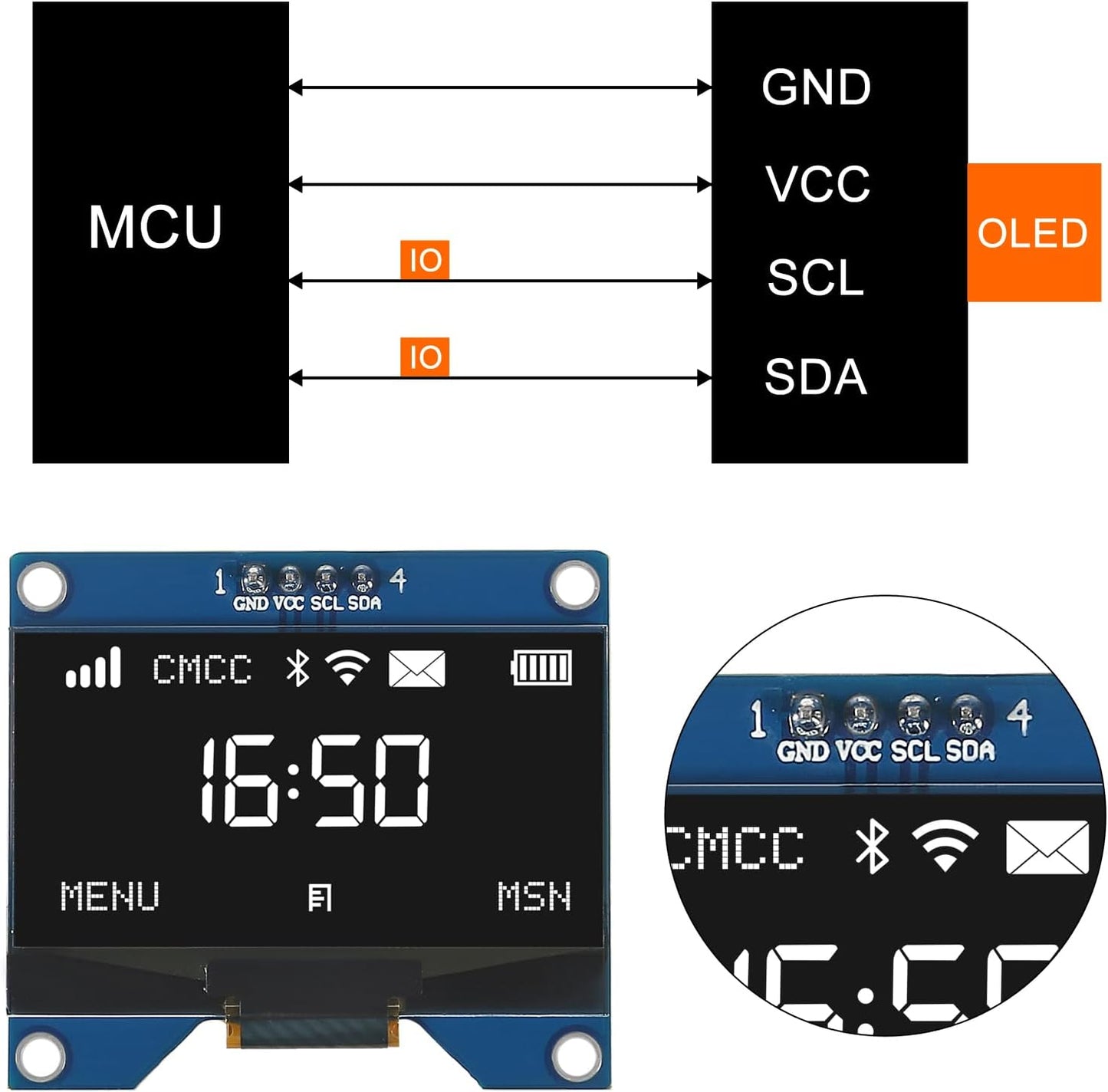 JUZITAO 2PCS 1.54 Inch 12864 128x64 SSD1309 OLED Module White Driver IIC Serial Display Board Module for Raspberry