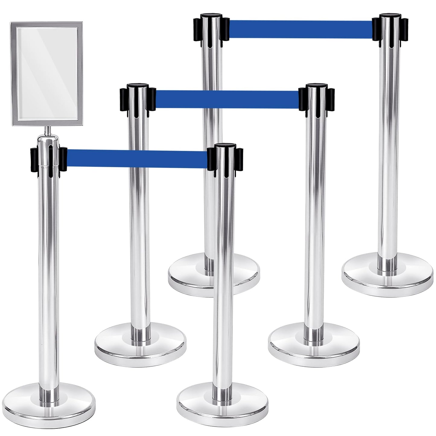 Zonon 6 Pack Crowd Control Stanchion Set with 9.8 FT Retractable Belt and 1 Sign Holder Crowd Control Barrier - Easy Connect Assembly(Silver and Blue)