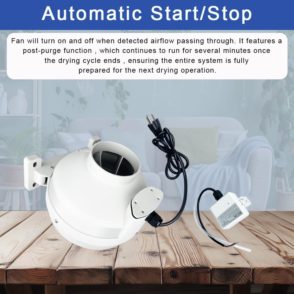 MIDCVFRUN Dryer Vent Booster Fan with Pressure Switch for Automatic Activation, 4" Inline Exhaust Fan 260CFM High Air Volume, Ultra-Quiet Anti-Clog Design Efficiently Reducing Drying Time