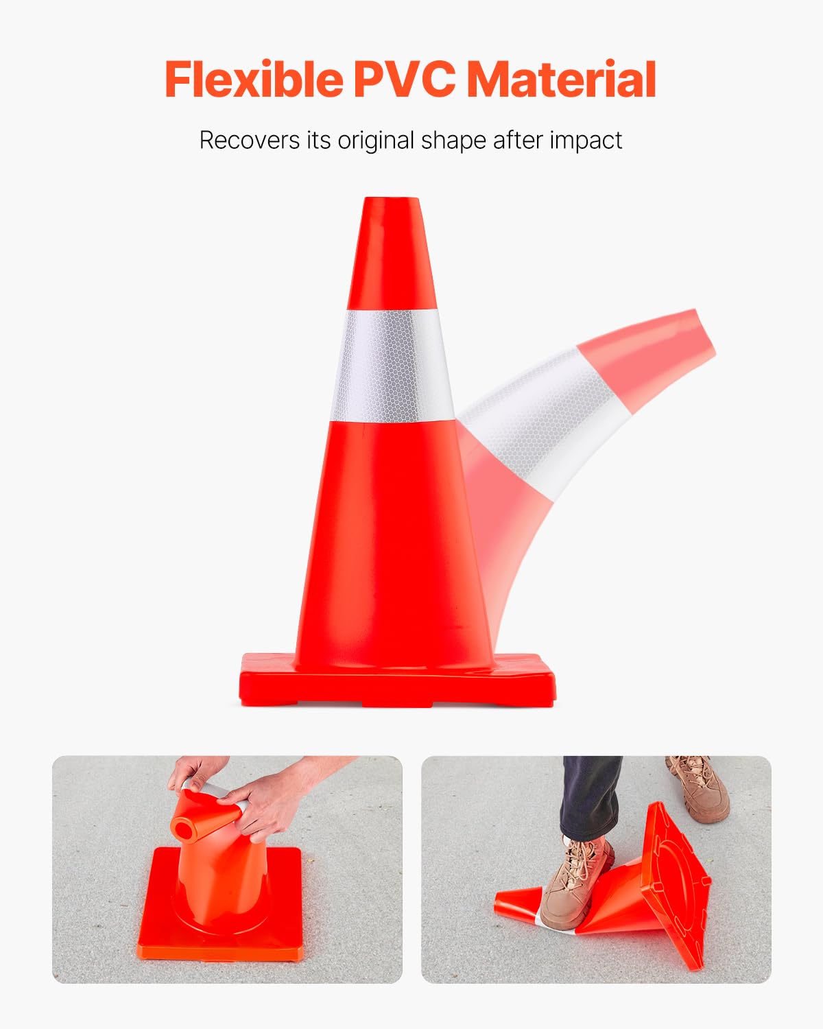 VEVOR 12Pack 18" Traffic Cones, Safety Road Parking Cones PVC Base, Orange Traffic Cone with Reflective Collars, Hazard Construction Cones for Home Traffic Parking