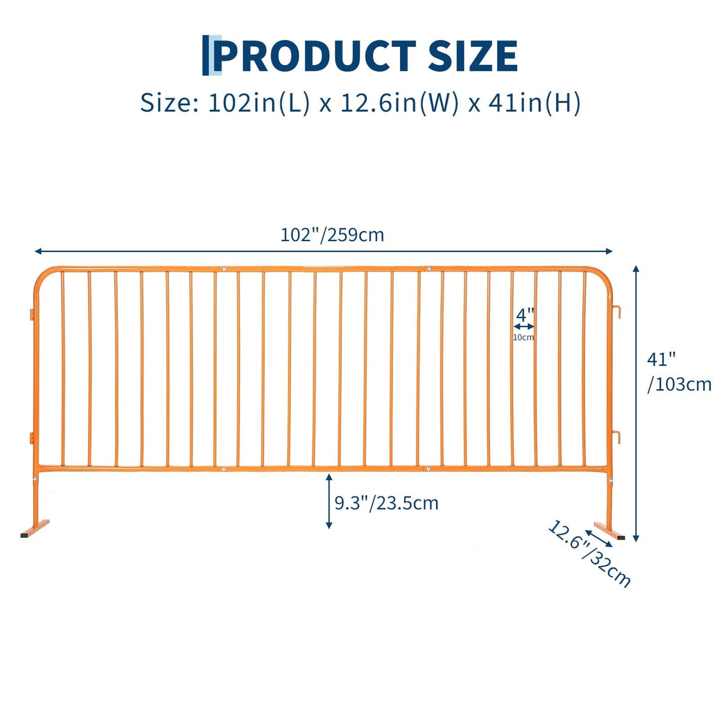 Heavy Duty Interlinked Steel Safety Barricade – Removable Flat Feet, Portable, Weather Resistant, Durable Metal Crowd Control Barrier for Outdoor Events, Construction, Parking, Facility, 8.5FT