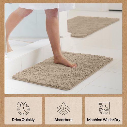 GORILLA GRIP Bath Rug Mat - Soft, Absorbent Chenille | Quick-Dry Microfiber, 30x20, Gray Beige