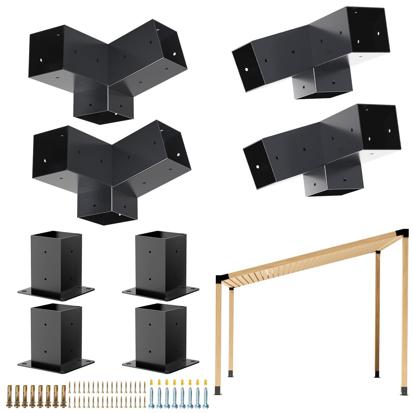 Grehitk Pergola Kit, Slanted Roof Pergola Bracket, 3-Way Brackets with Post Base Kit, Log Cabin Outdoor 4"x 4" (Actual 3.5" X 3.5") Lumber