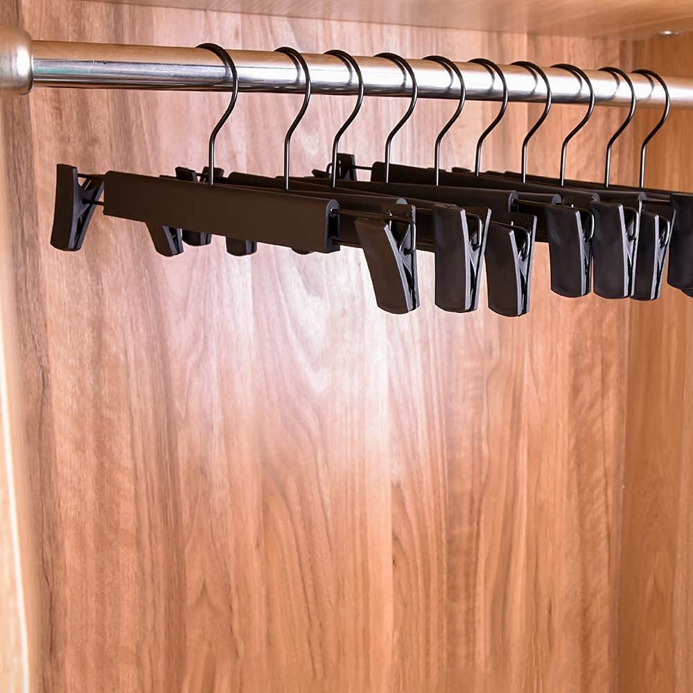 Skiennix Skirt Hangers - Space-Saving Pants Hangers with Clips & 360° Swivel Hooks | 10-Pack, Black