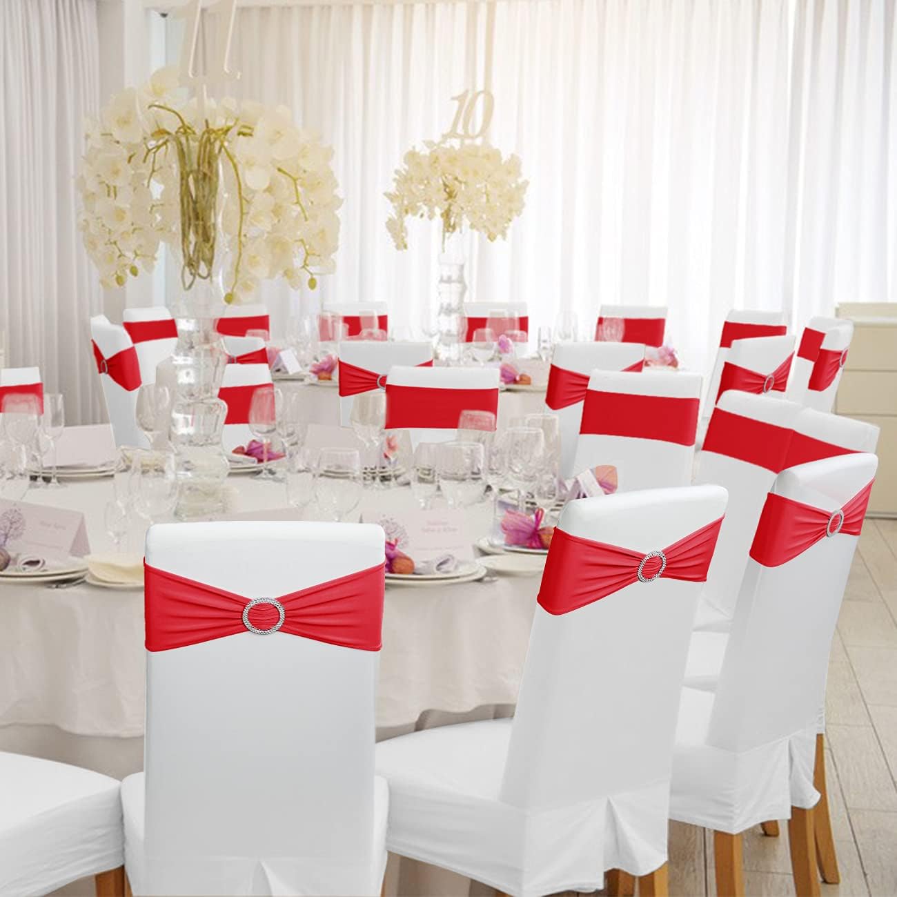 Babenest Spandex Chair Sashes - 100PCS Premium Stretch Covers with Buckle Slider | Red Elastic Ties for Weddings & Events
