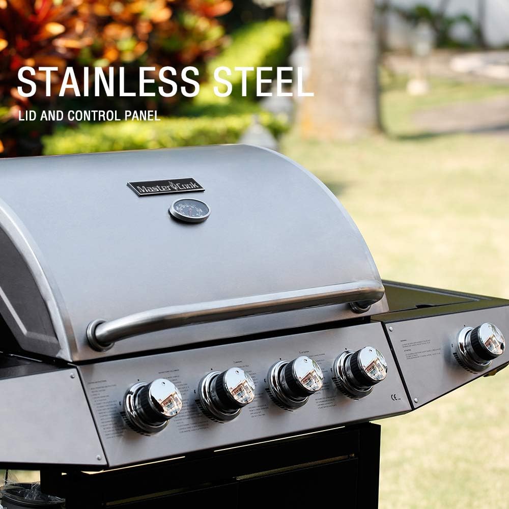 MASTER COOK 4+1 Burners Gas Grill, 518 Sqin Cooking Area, 52,000 BTU Propane Grill with Side Burner, Stainless Steel Cabinet Grill, Silver & Black