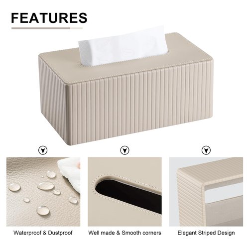 KINGFOM PU Leather Tissue Box Cover Rectangular Tissue Box Holder with Magnetic Bottom, Napkin & Facial Tissue Holder Dispenser for Home, Office for Standard 120-count/160-count (2-Ply) Beige Stripe