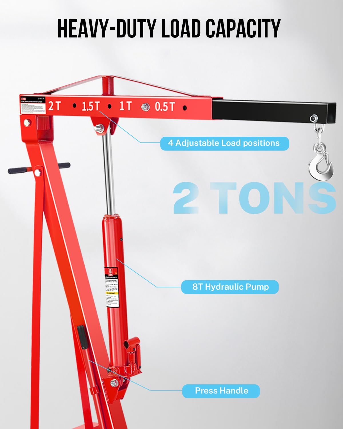 2-Ton Shop Crane, Hydraulic Folding Engine Hoist w/6 Steel Casters - Lift Car Transmissions, Boat Motors, Farm Equipment (Net Wt. 157 lbs)