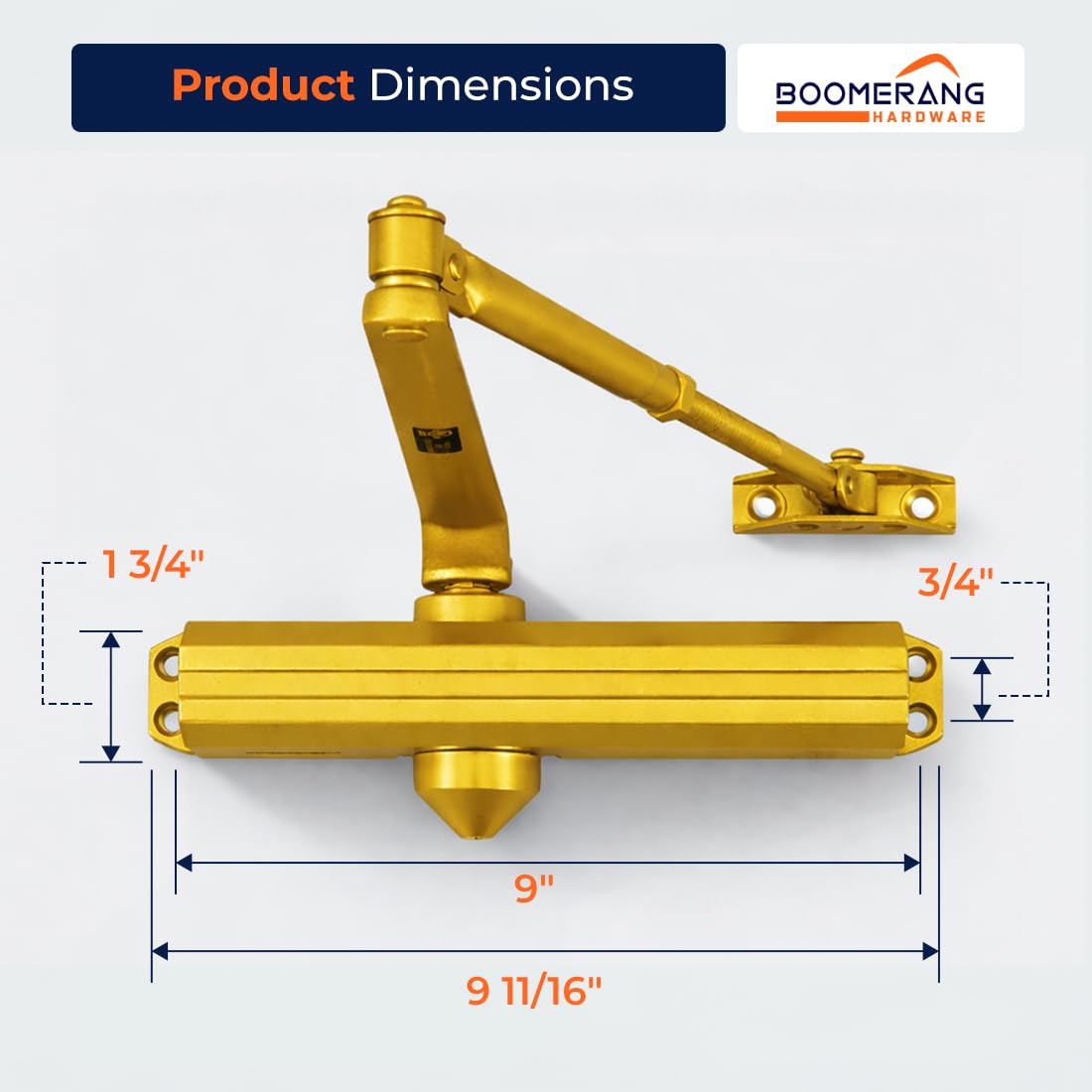 Boomerang Medium/Heavy Duty Automatic Commercial Door Closer -D4016 Surface Mounted, Grade 1- ADA & UL 3 Hour Fire Rated, Adjustable Size 1-6 for Entry & Aluminum Storefronts, Painted Brass/Gold (US4)