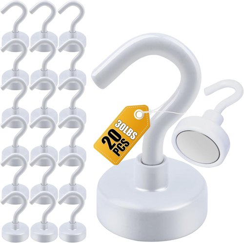 DIYMAG Magnetic Hooks - 30Lbs Heavy Duty S-Hook for Classroom, Kitchen, Garage | 20 Pack - White