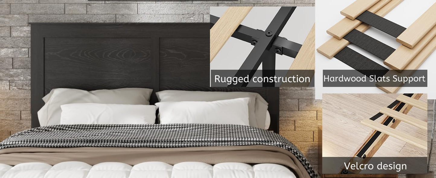 Full Size Wood Platform Bed Frame with Metal Structure, Industrial Style Bed with Wood Slats Support, No Box Spring Needed, Noise-Free Design, Large Underbed Storage, Easy Assembly, Dark Brown
