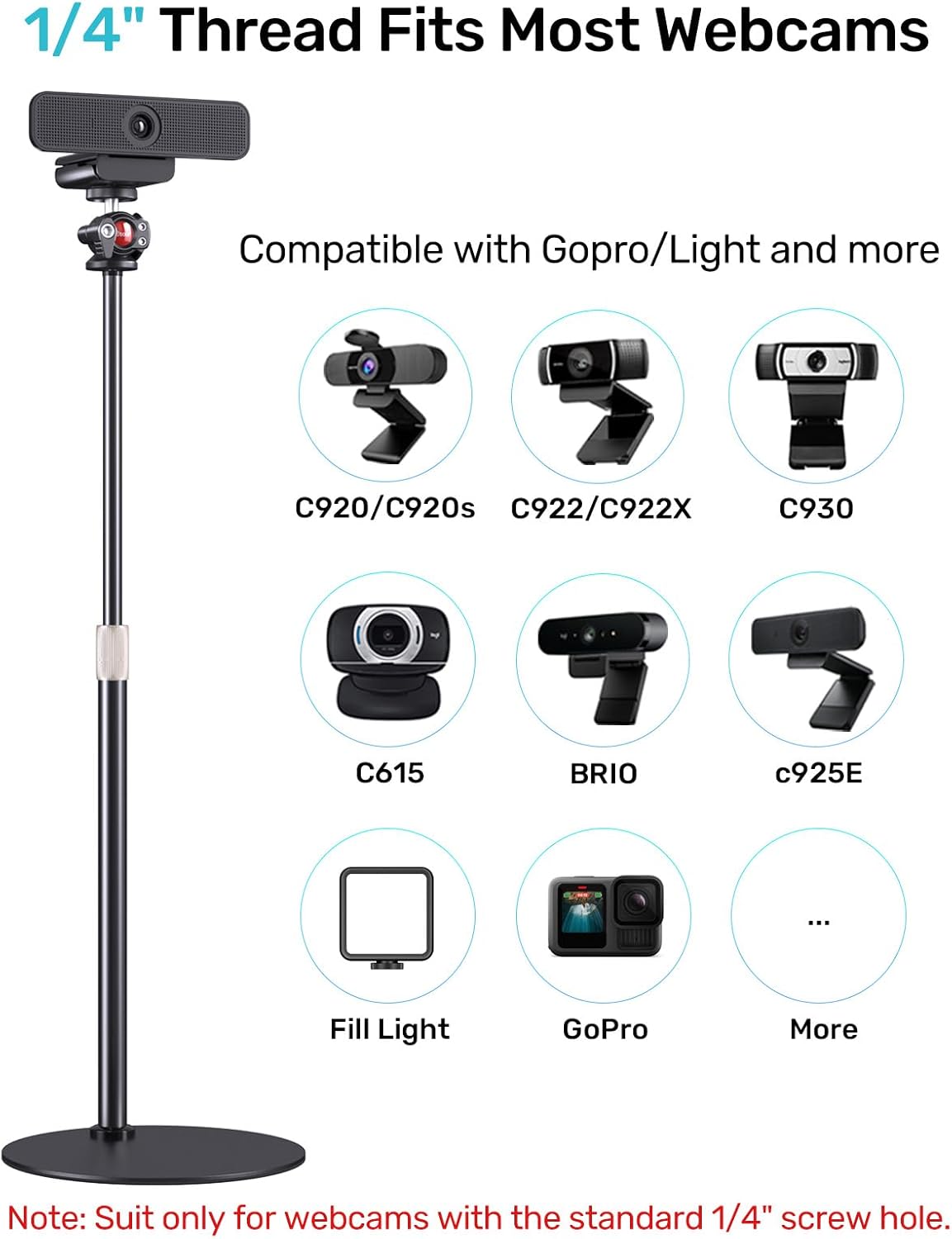 Etour C920 C922 360Rotatable 1/4" Webcam Stand for Desk, Raise Height Desktop Stand with Adjustment for Logitech Webcam