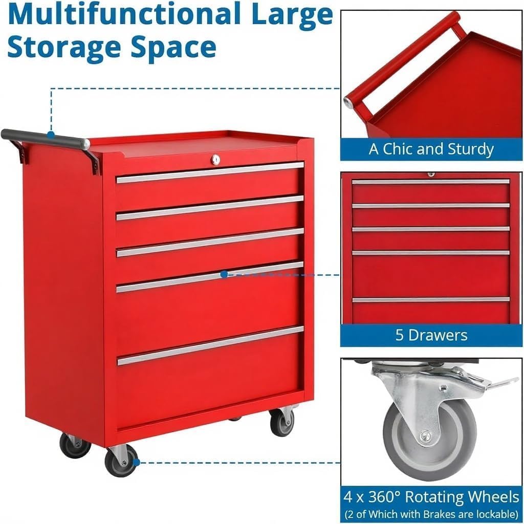 ExploreHorizon 5-Drawer Tool Chest Cabinet with Wheels, Rolling Metal Tool Cart with Sliding Drawers and Protective Liner,Keyed Locking System for Garage,Workshop,Repair Shop,Red