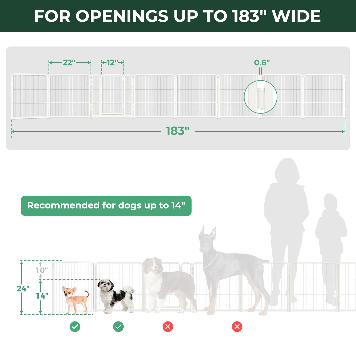 FXW Dog Gate Extra Wide Designed for Indoor Use, Adjustable Width Up to 183-inch Wide (24" H 8 Wire Panels for Puppies and Small Dogs), White
