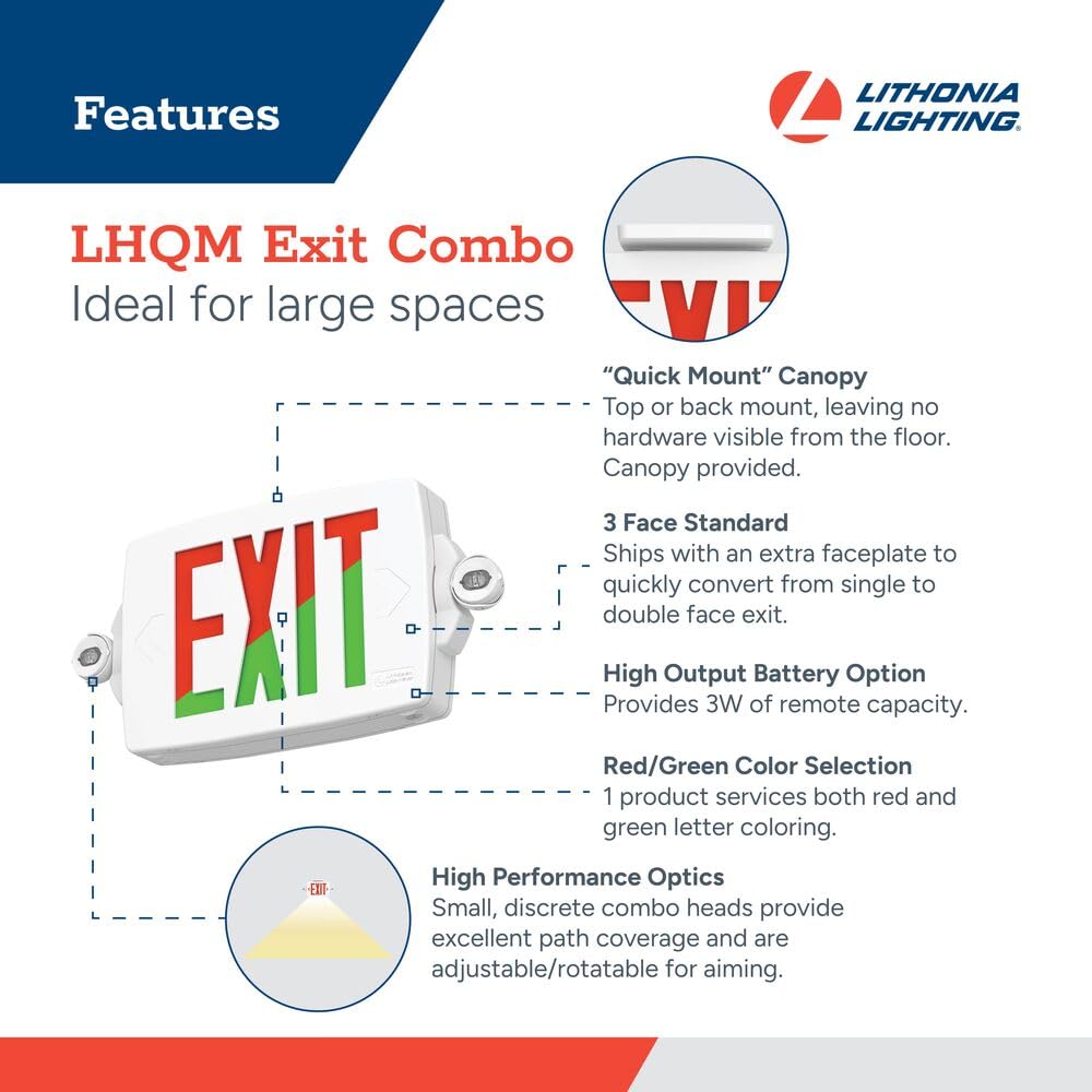 Lithonia Lighting Quantum LED Exit Sign Emergency Light Combo, Exit Sign and Emergency Lights, 2-Head Fixture, Red/Green Selectable Letters, High Output Battery, White (LHQM S W RG MVOLT HO M6)