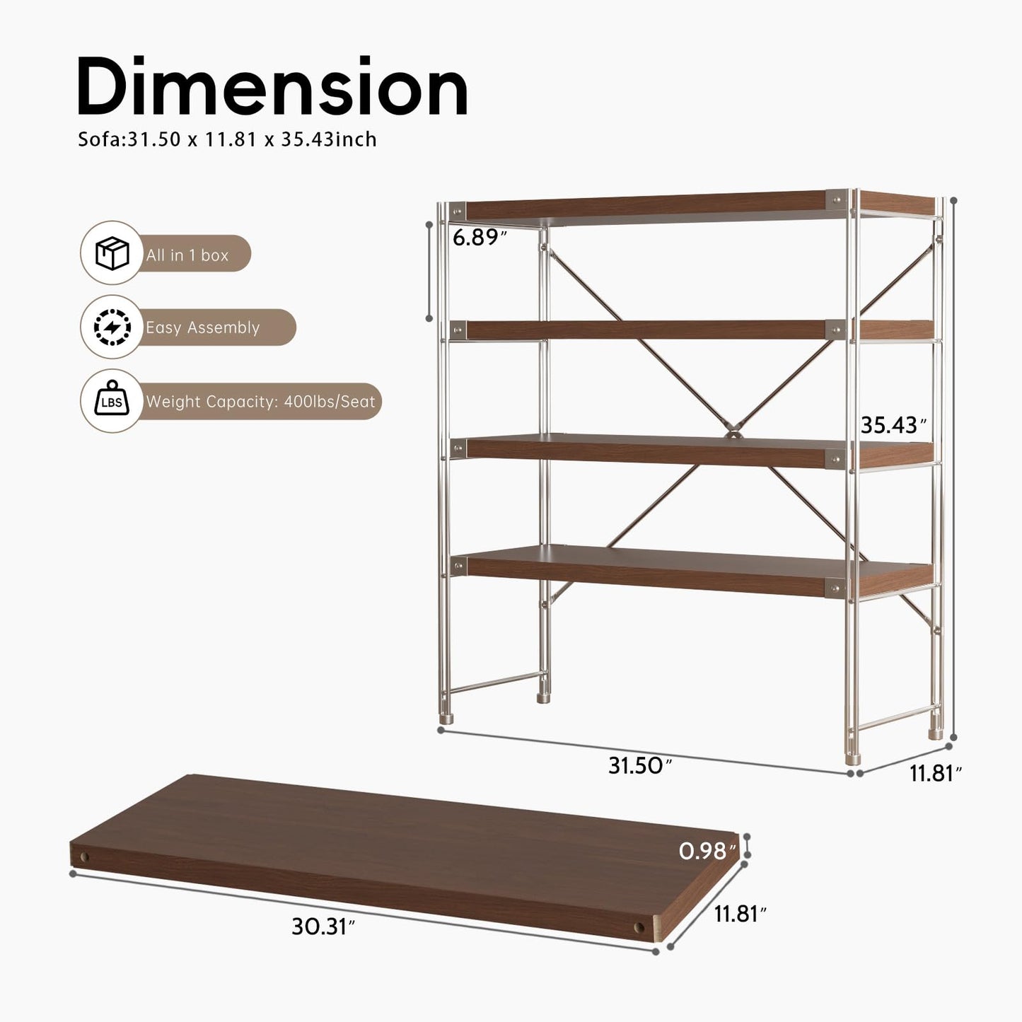 Achene 4-Tier Industrial Bookshelf, Storage Bookcase for Living Room, Bedroom, Office, Study Room,and Kitchen, 31.5"x11.81"x35.43" Inches(Dark Walnut, 4T32IN)