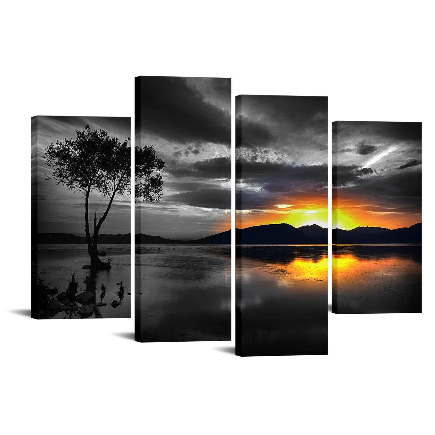 Biuteawal 4 Piece Black and White Wall Art Golden Sunset on Lake Picture Painting Lonely Tree Photo Print on Canvas Nature Landscape Poster Living Room Bedroom Decor Framed Ready to Hang