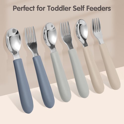 Eascrozn Kids Silverware Set - 6 Pack Toddler Utensils with Silicone Handles | Safe Forks & Spoons, Dishwasher Safe