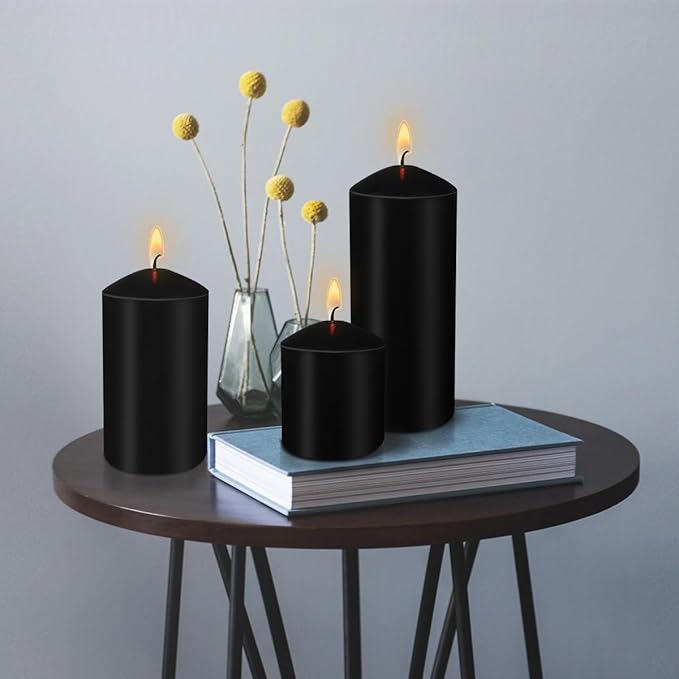 Pillar Candles 3 x 4, 6, and 8 inches, Large Handmade Candles Set of 3, Black Decorative Candles for Wedding, Home Decoration, Dinner, Church