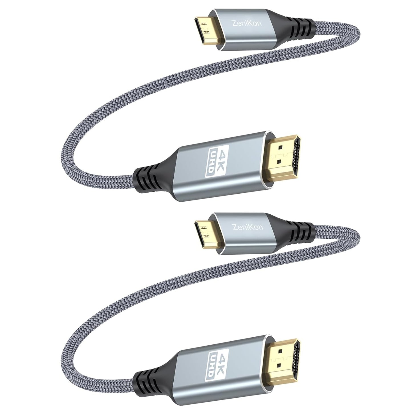 4K 1FT 2-Pack, 4K@60Hz/2K@120Hz/1080P, 18Gbps, Short Mini HDMI to HDMI Cable HDMI to Mini HDMI Cable Braided Cord