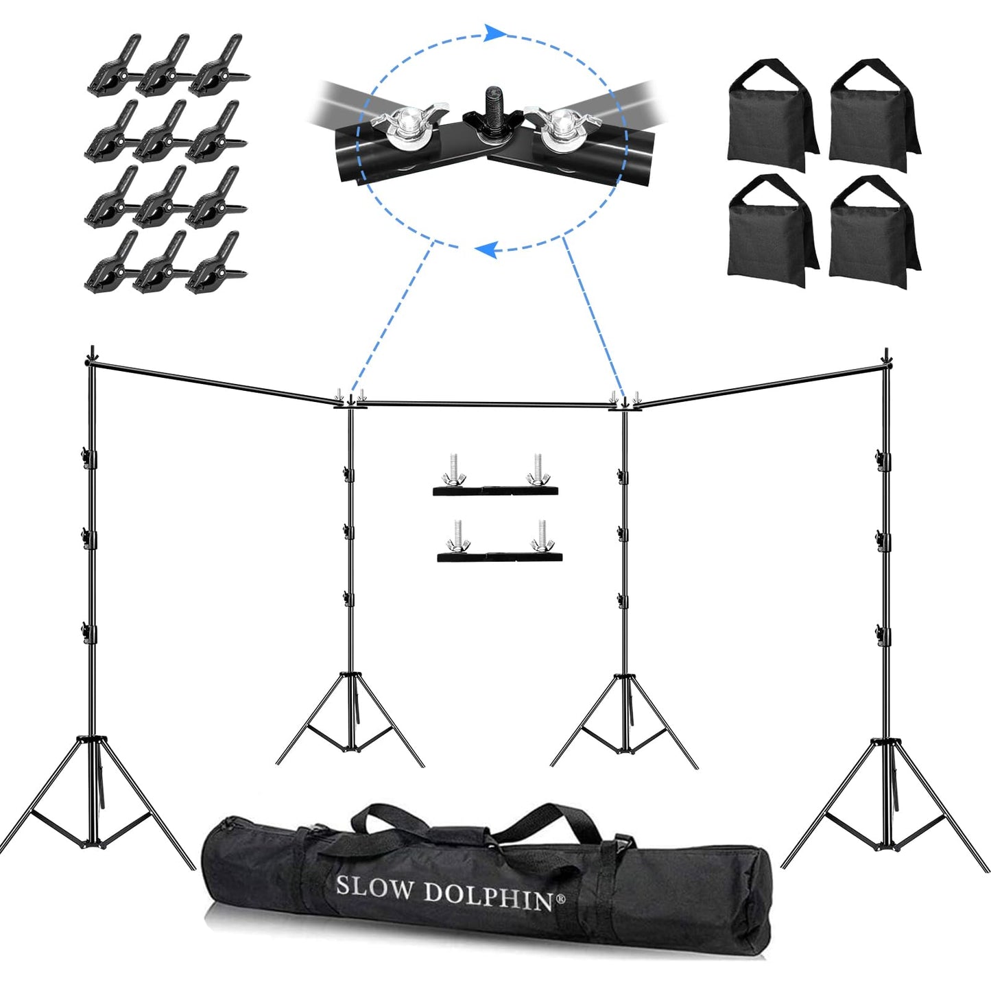 SLOW DOLPHIN Photo Video Studio 30ft (Wide) x 10ft (Tall), Degree Crossbar Rotatable, Angle Adjustable Triple Crossbar Extender Mount, Photography Background Support System, Sand Bags,Clamps