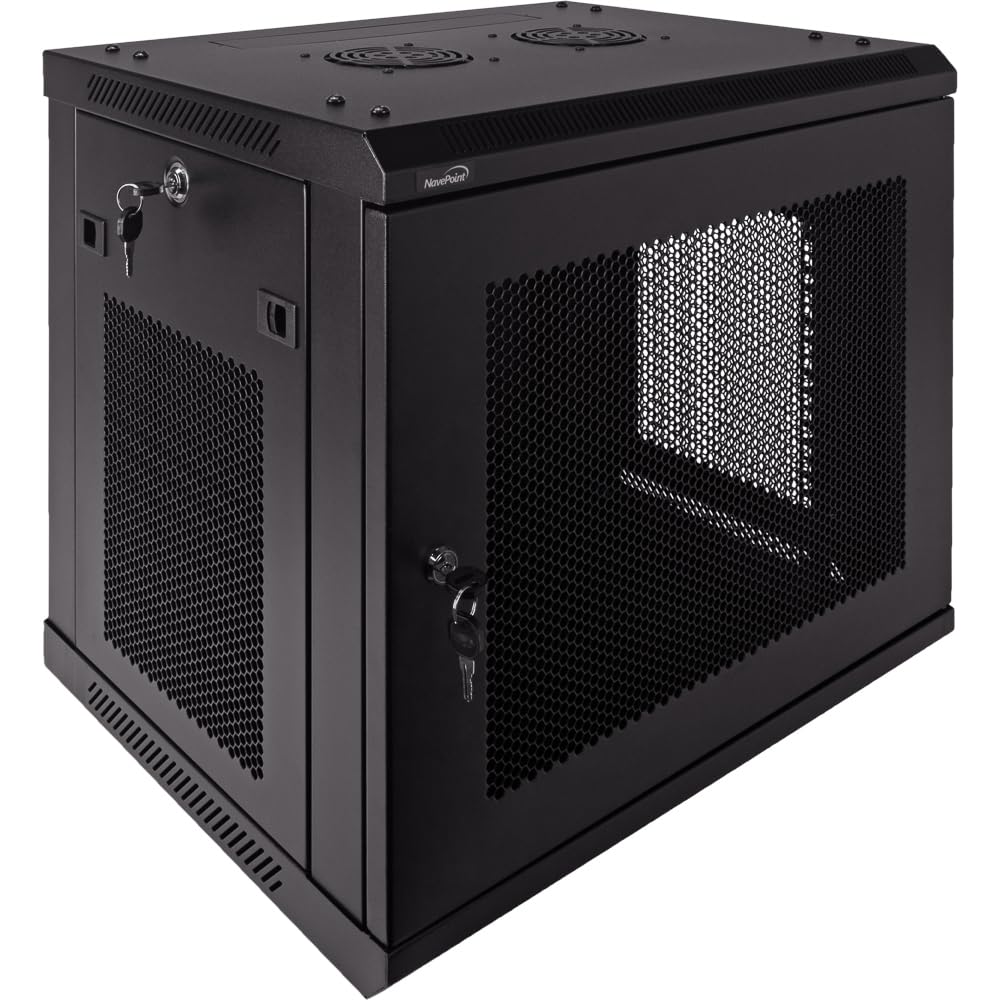 NavePoint 9U Server Rack Enclosure - 17.7” Deep, Wall Mount Network Cabinet with Locking Perforated Door, 19” IT Equipment Compatible, Network Rack, Removable Side Panels, Black