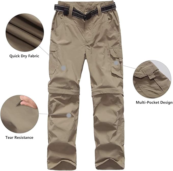 Boy’s Convertible Hiking Pants Lightweight Quick Dry Zip Off Pants for Kids Youth Outdoor UPF 50+ Casual Cargo Trousers