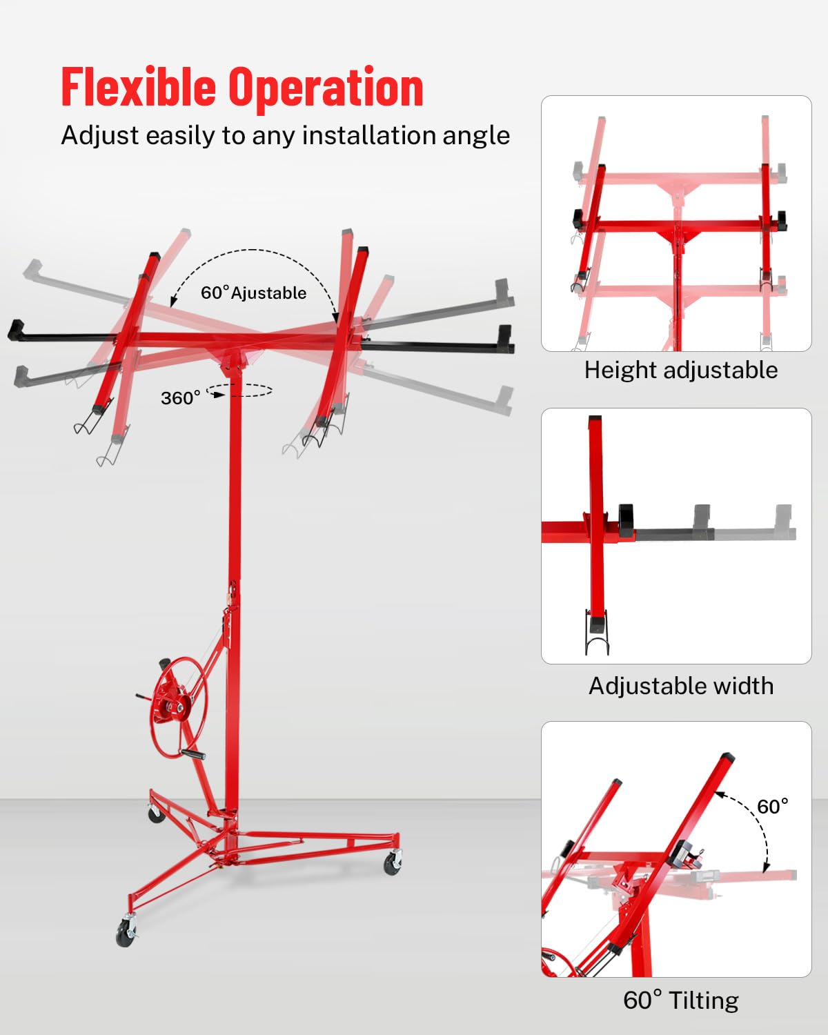 Drywall Lift Jack 150LB Capacity, 3.5FT-11FT Adjustable Height, 60° Tilt & 360° Rotation, Heavy Duty Steel Sheetrock Hoist with Wheels for Ceiling & Wall Installation, Professional Panel Lifter