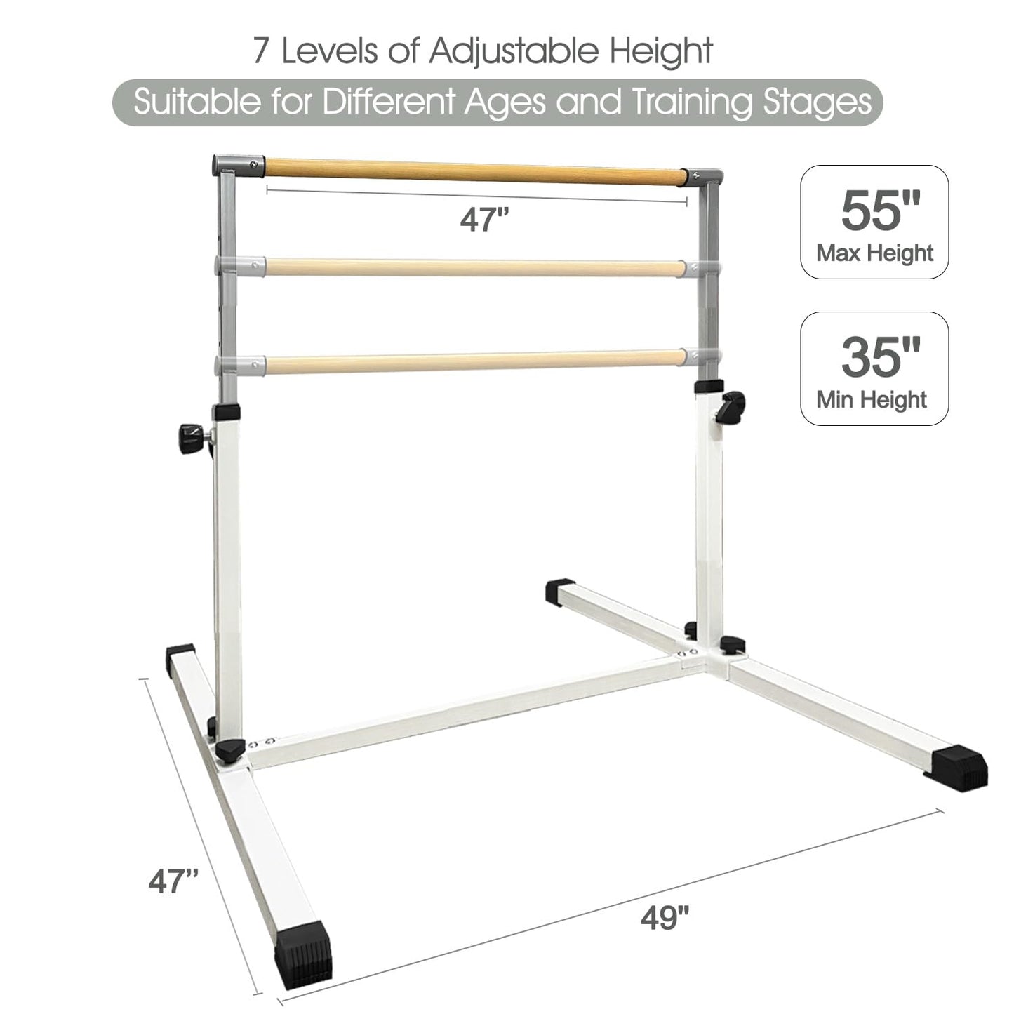 XDEMODA The Latest Model Gymnastics Bar for Kids Ages 3-15 for Home, Anti-Slip, Easy to Assemble, 35” to 55” Adjustable Height Gymnastic Horizontal Bars Equipment (Gym bar, White)