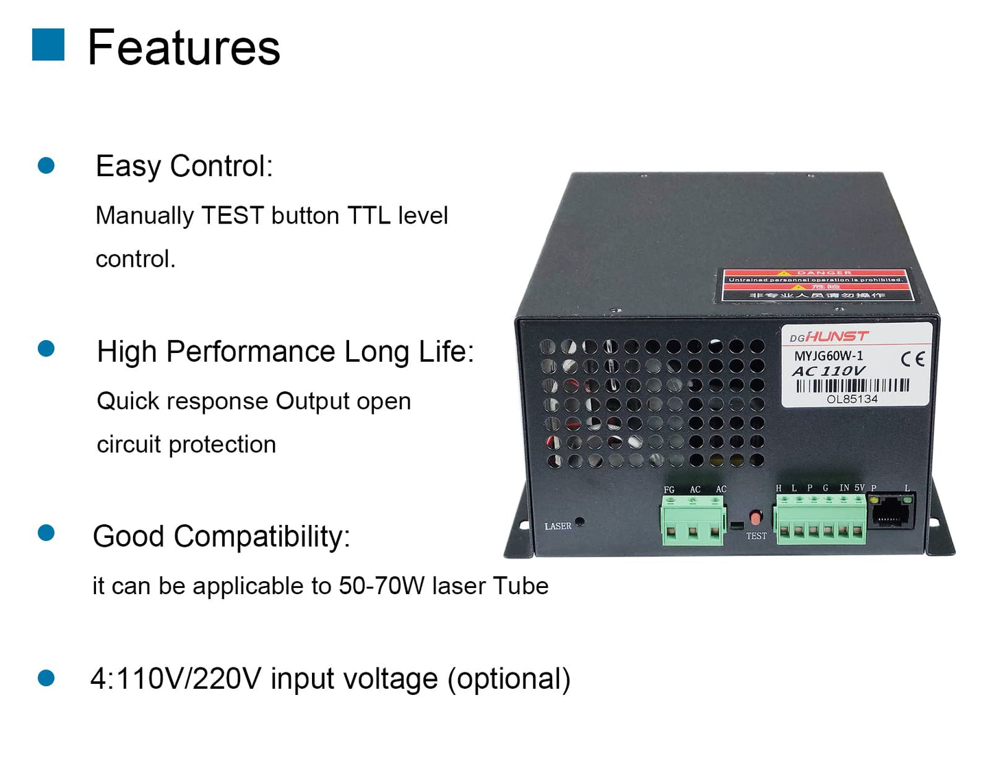 60W CO2 Laser Power Supply for 60w 70w Laser Tube Laser Engraver Cutter Power Supply MYJG-60