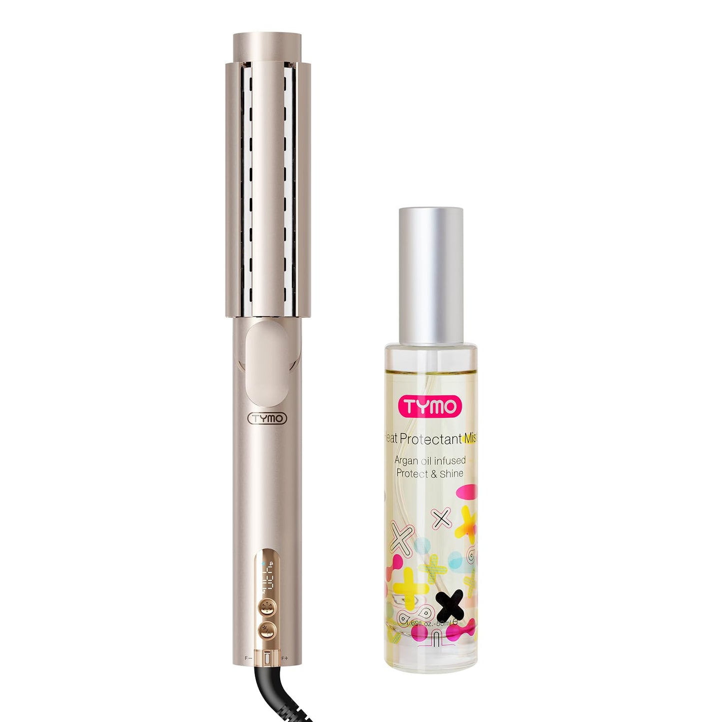 TYMO Damage-Free Styling Bundle: Heat Protectant Spray with Argan Oil + Dual-Size Airflow Curling Iron, Thermal Protection Hair Treatment and Beach Wave Curler Wand Kit