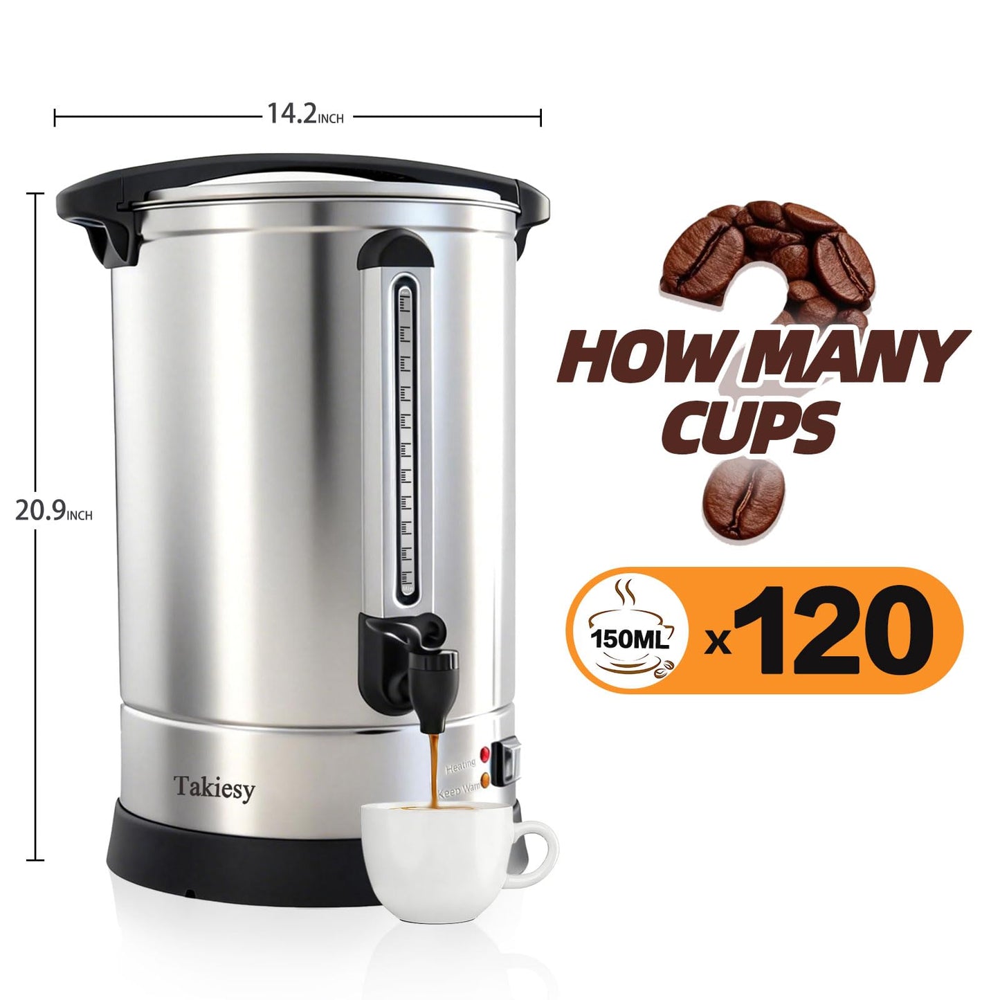 Takiesy Commerical Coffee Maker Urn 120 Cup Coffee Dispenser with Upgraded Percolator, Stainless Steel Fast Brew and Stay Hot Mode Beverage Dispenser Large Coffee Maker for Catering Party