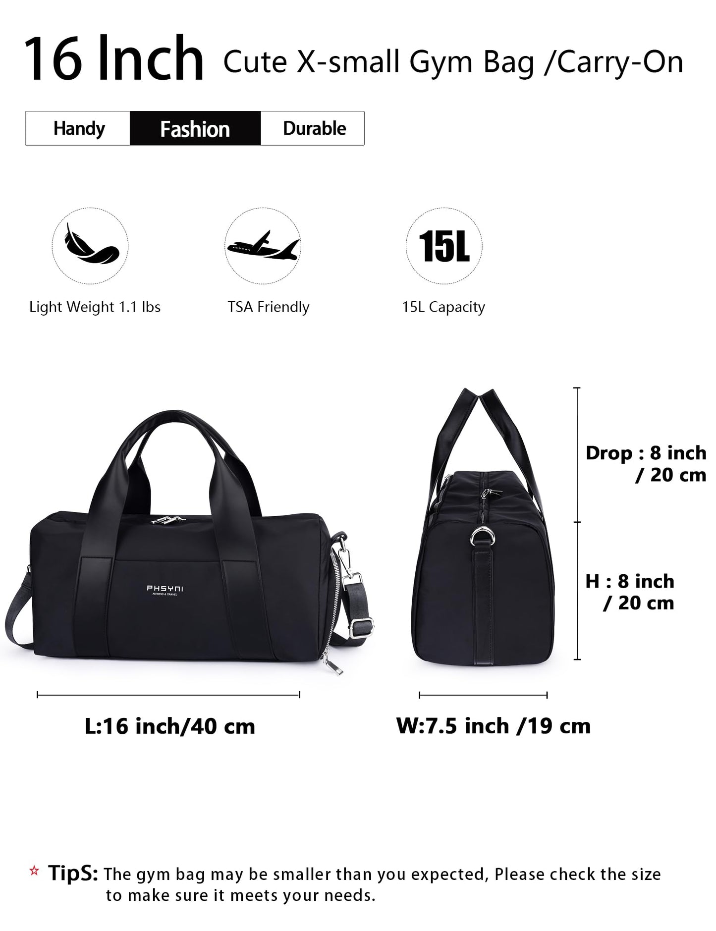 Sports Small Gym Bag for Women & Girls and Kids, Cute Mini Duffle Bag with Wet Pocket & Shoes Compartment, Personal Item Travel Workout Bag, 16"-Small, Black