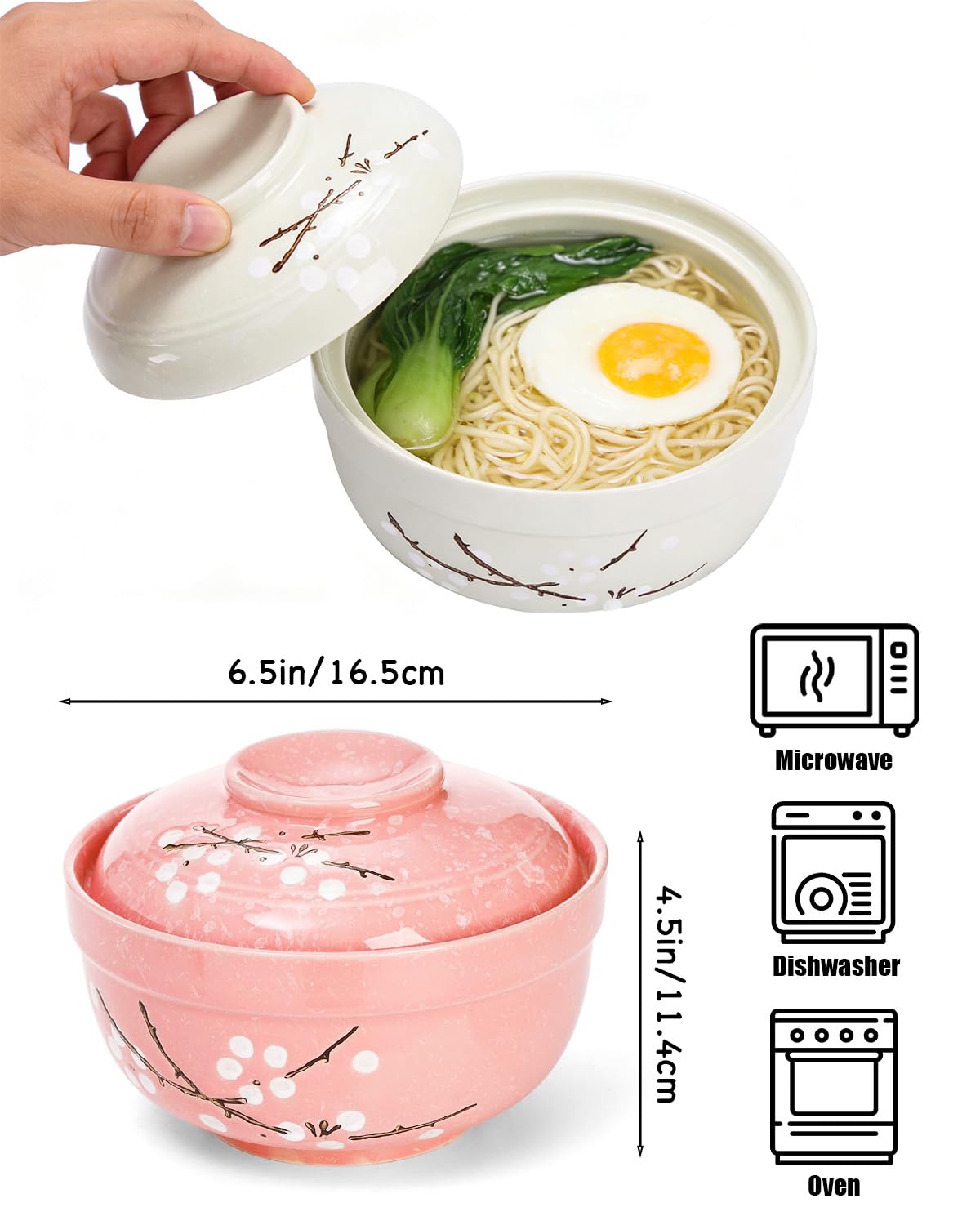 Zitonyang Ceramic Ramen Bowl, 2 Pack 27 Oz Ramen Bowl With Lid Japanese Soup Bowls With Lid Korean Soup Bowls For Noodles, Porridge, Rice, Dishwasher Safe (Pink, Griege)