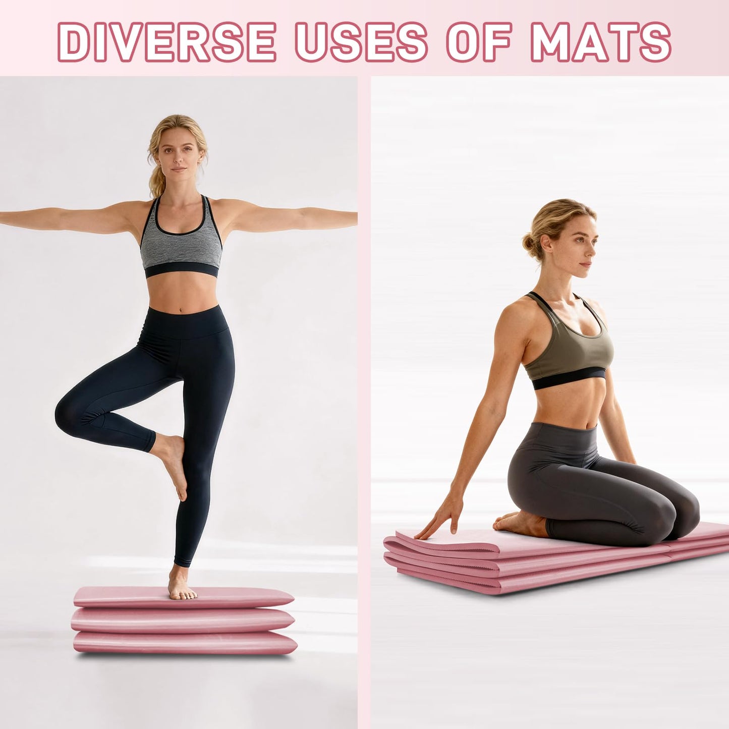 Kanonmaori Foldable Yoga Mat for Travel 72"x 32"x 0.32"Inch, 8mm Thick Folding Exercise Mat, Outdoor Non-slip Pilates Mat for Women & Men, Wide Yoga Mat Packable for Workout and Fitness（pink）