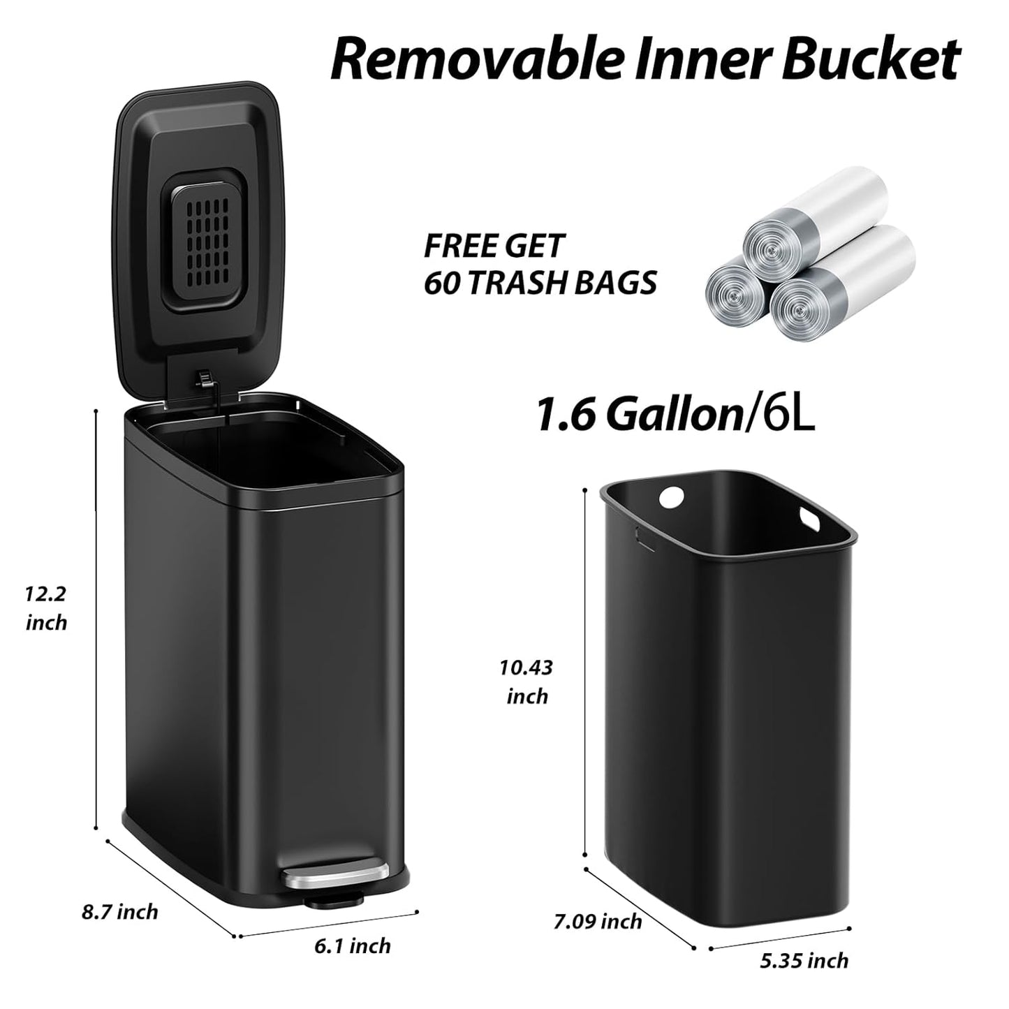Skiennix 1.6 Gallon Step Pedal Trash Can - Soft Close Lid, Removable Inner Bucket | Black Stainless Steel, Space-Saving Design