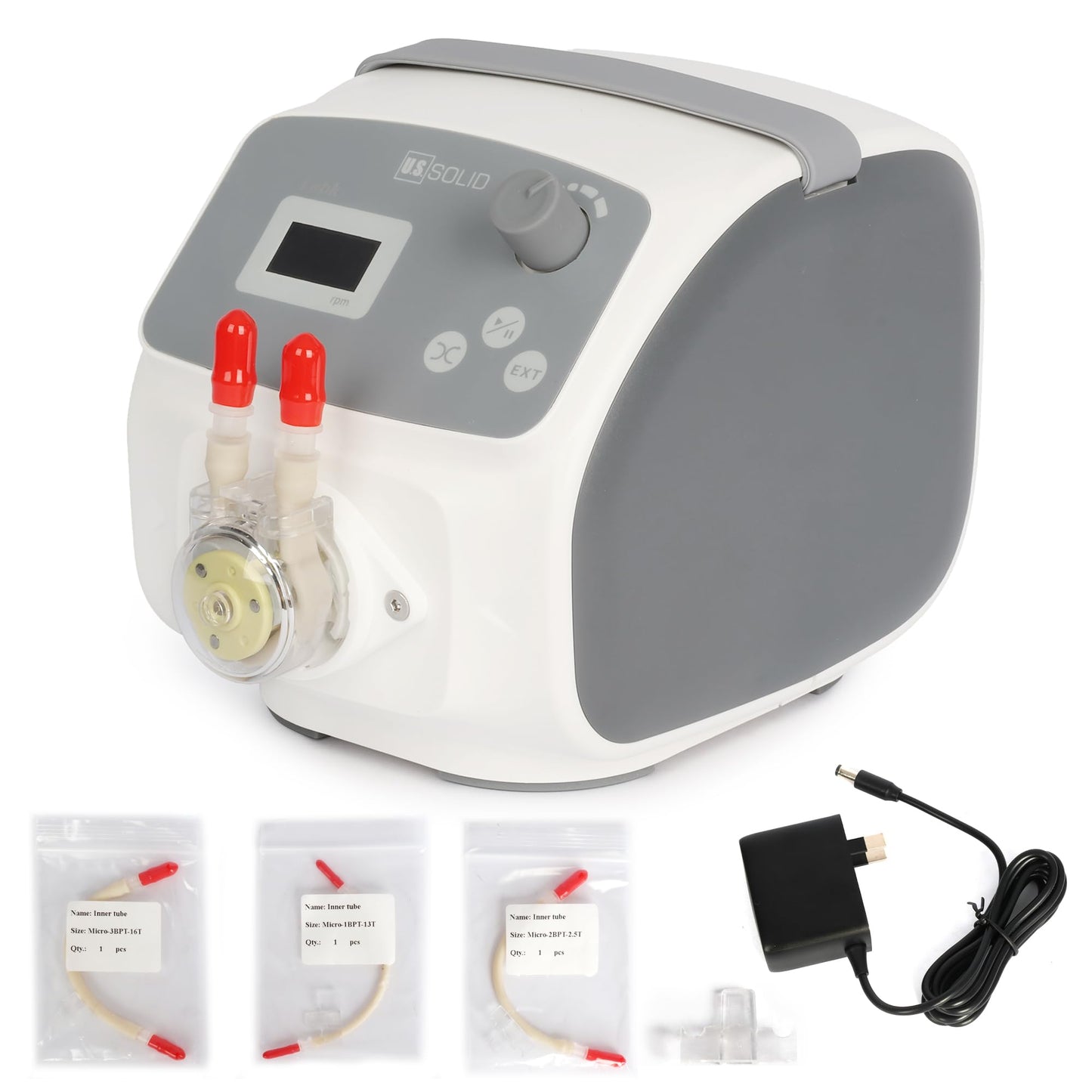 U.S. Solid Lab Peristaltic Pump, Compact Single Channel Dosing Pump with OLED Display, Adjustable Speed 0.1–150 RPM, Flow Rate 0.004–63.96 mL/min, Reversible, External Control for Laboratory Use