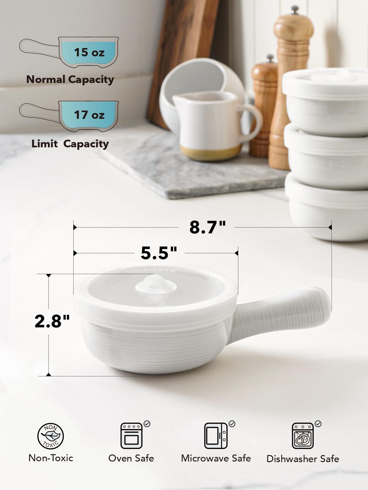 LE TAUCI Soup Bowls with Handles and Silicone Lids, 15 Oz French Onion Soup Bowls, Non-Toxic Ceramic Soup Crocks for Noodles, Stew, Cereal and Chilli, Oven Microwave Dishwasher Safe, Set of 4, White