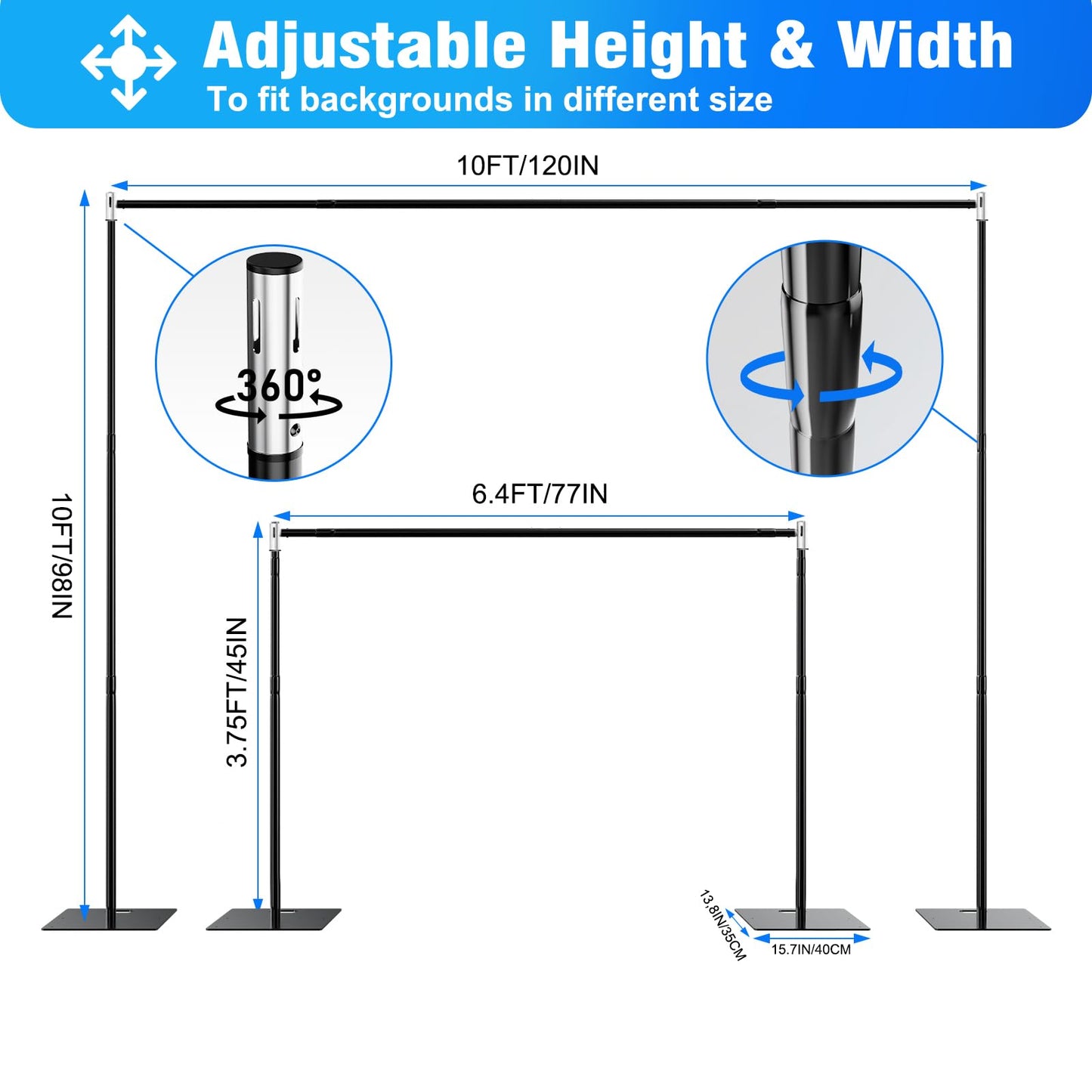OPYRET Pipe and Drape Backdrop Stand Kit Backdrop Stand For Parties 8ftx10ft Adjustable Photo Backdrop Stand Heavy Duty Background Stand for Wedding Banquet Decorations Black