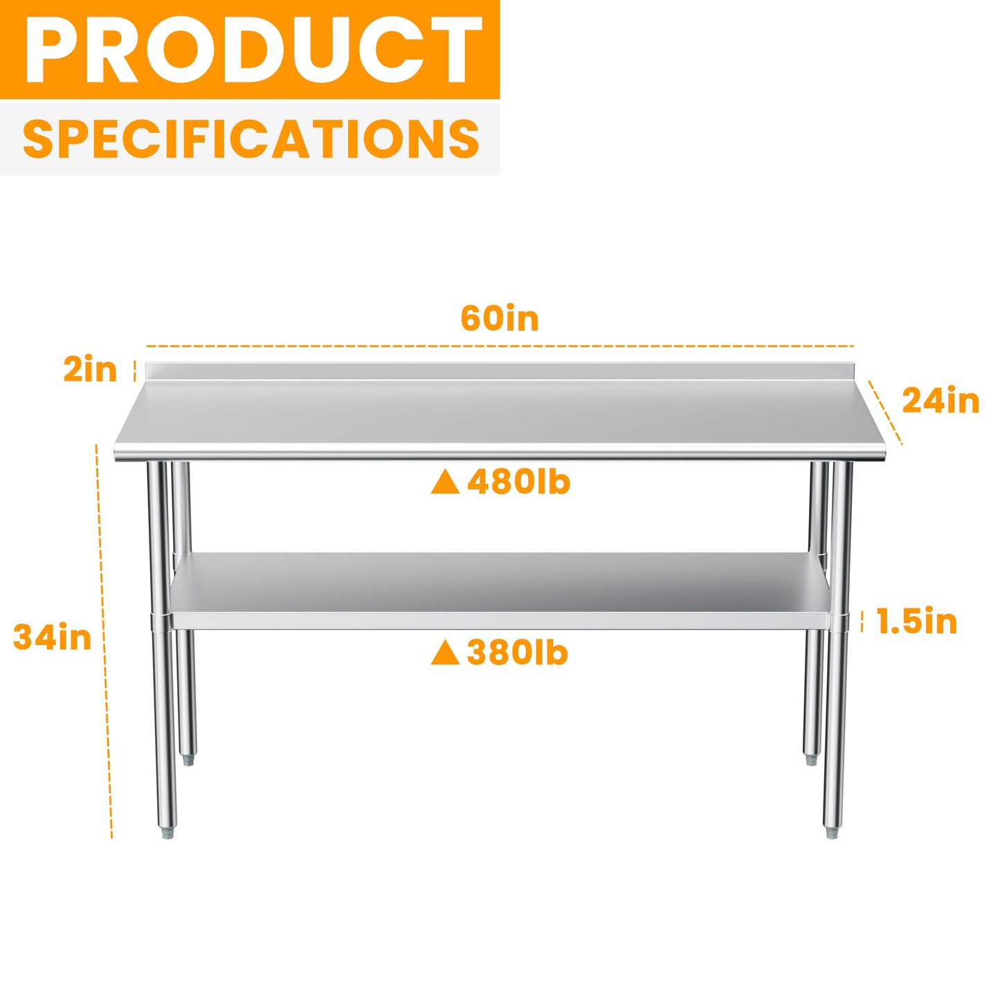 Derro Stainless Steel Table for Prep & Work, 24 X 60 in, Metal Commercial Heavy Duty Table with Backsplash and Adjustable Under Shelf and Foot for Restaurant, Home and Hotel
